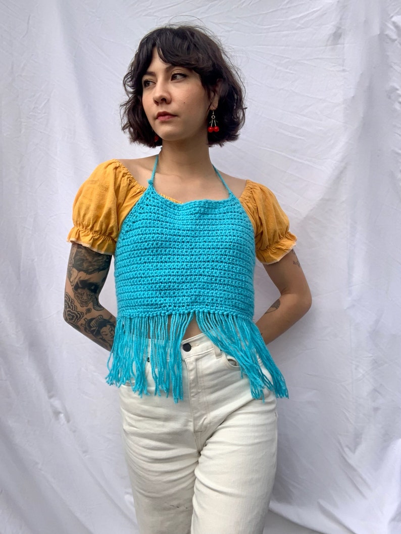 y2k Knit Halter Top / Aqua Blue Cotton Crochet Crop Top / Open Back Summer Top image 5