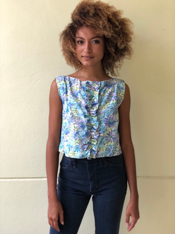 Buy Vintage 60's Crop Top / Cotton Sleeveless Blouse /blue Green Purple  Flower Child Shirt / Boho / Floral Blouse / Sixties Midriff Shell Shirt  Online in India 
