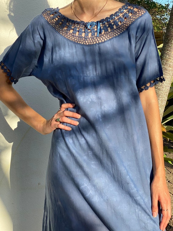 Antique Night Gown / Crochet Neckline / Haute Hippie Dress / Festival / Very Old Nightwear / Hand Dyed Indigo Blue Dress