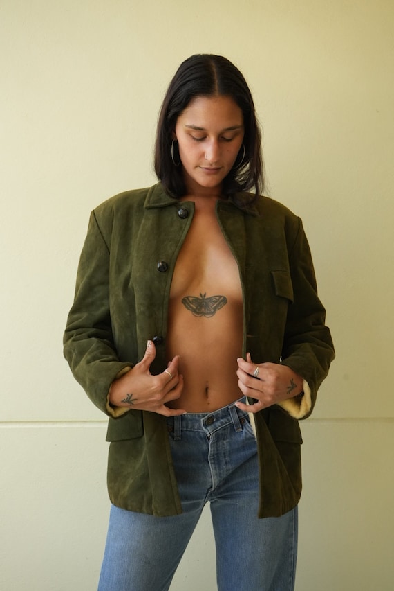 1970's Suede Jacket / Green Shearling Lined Jacket