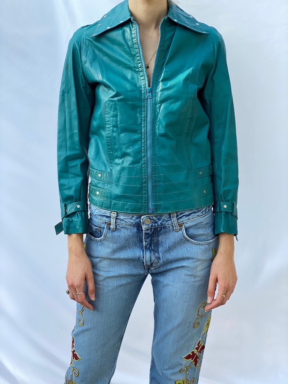 Vintage 1970's Leather Jacket / Teal Green Studded Slim Fit ...