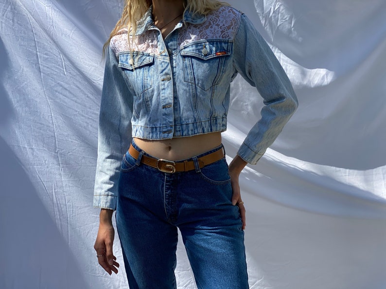 1990's Denim Jacket / Bleached Out Denim / Varsity Jacket / Cropped jean Jacket With Lace / Acid Wash Jean Jacket image 10