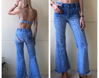 Vintage Ely Denim Jeans / Embroidered Raw Hem Bell Bottoms / American Flag Patched Jeans / Stagewear / Floral Bell Bottoms