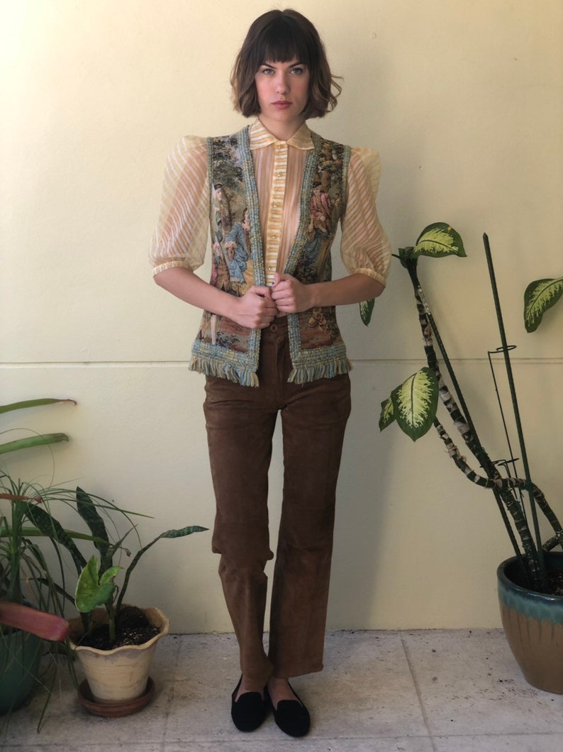 1960s Carpet Tapestry Vest Romantic Fringe Waist Coat Dancing Novelty Embroidered Waist Coat