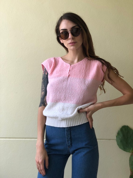Ombre Neck Knit Top / Pink Knit 1980's Sweater / V