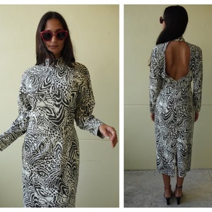 1980s Leather Dress / Animal Printed Leather Dress  / Wiggle Party Dress / Zebra Leather Dress / Open Back Haute / Eighties Party
