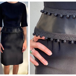 60s Wiggle Dress / Little Black Cocktail Dress / Hourglass Cut Modern Dress / Satin Ribbon Tassel Ball Trim  1960&#39;s Dress / Sixties LBD
