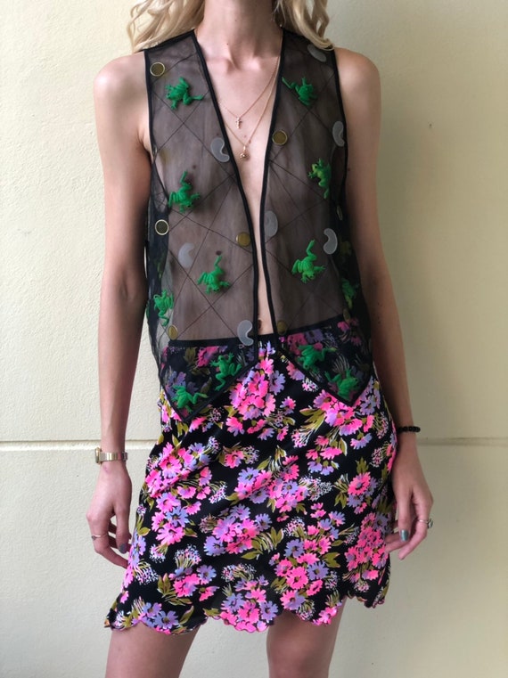 1960's Nylon Slip Skirt / Floral on Black Printed