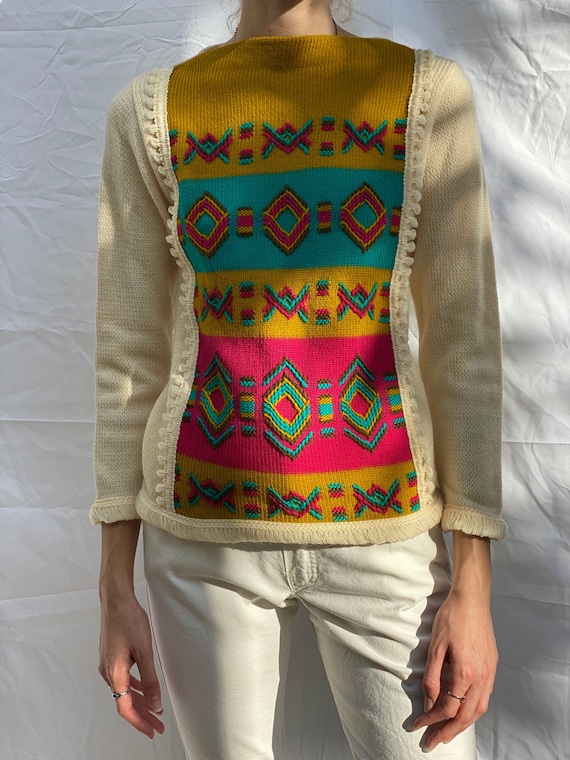 60's Sweater / Cream Wool Hot Pink Aqua Brown Pea… - image 1