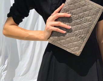 Vintage Snakeskin Clutch / Convertible Gray Leather Clutch Purse / 1970's Clutch Hand Bag / 80's leather Reptile Purse