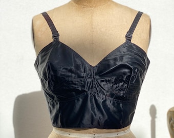 1950s Bra Bustier / Size 40 Rayon and Cotton Black Lingerie Crop Top / Fifties  Bra Top / Boudoir Lingerie /