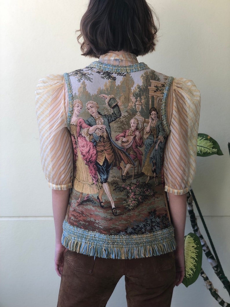1960s Carpet Tapestry Vest Romantic Fringe Waist Coat Dancing Novelty Embroidered Waist Coat