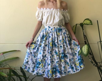 50's Skirt / Cotton Midi Skirt /  Watercolor Floral Print Summertime Cotton Skirt / Picnic Skirt / Garden Party Skirt / Retro Print Skirt