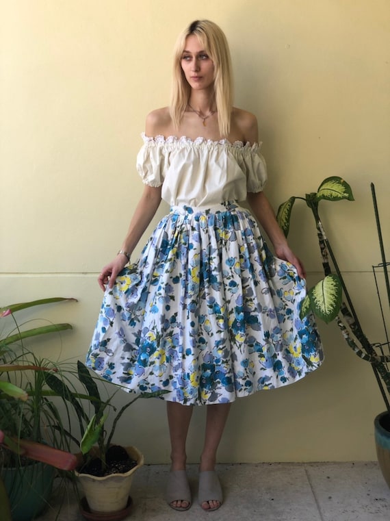 50's Skirt / Cotton Midi Skirt /  Watercolor Flor… - image 1