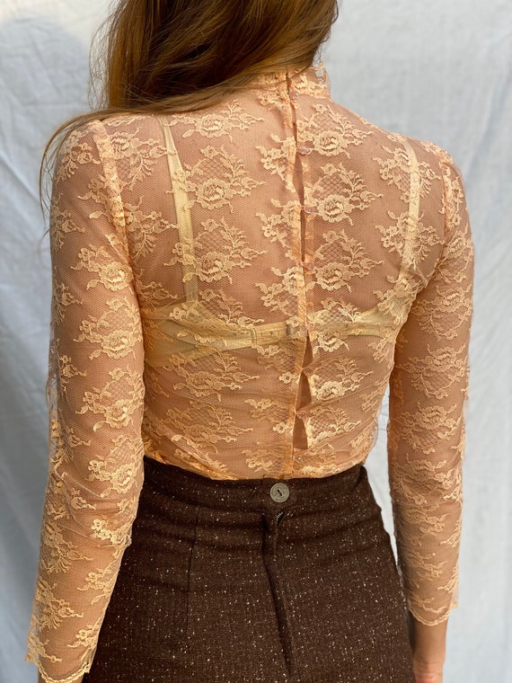 1970's Lace Blouse / Peach Sheer Shirt / See Thro… - image 2