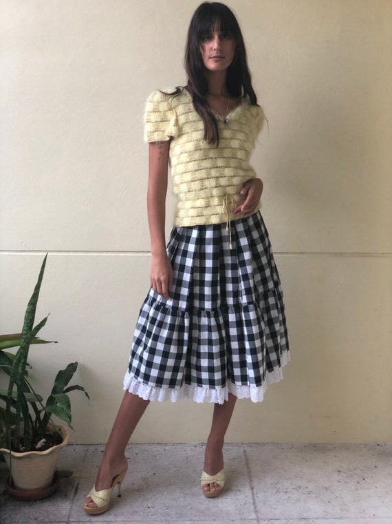 Vintage Midi Skirt / Black and White Checkeed Prin