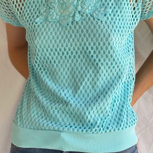 80's Mesh Shirt / Netted Sheer shirt / Mesh Summer Top / See Through Floral Shirt / Beach Cover Up / Aqua Blue Layer Shirt image 9