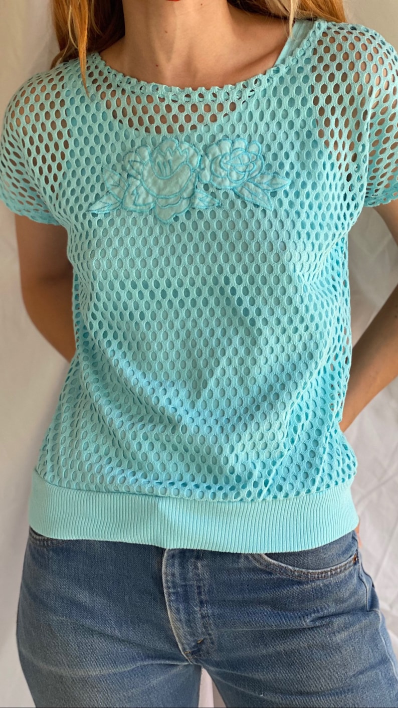 80's Mesh Shirt / Netted Sheer shirt / Mesh Summer Top / See Through Floral Shirt / Beach Cover Up / Aqua Blue Layer Shirt image 9