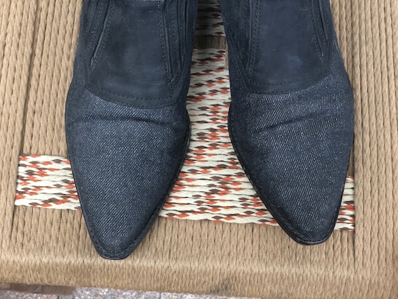 Size 7.5 8 Boots Guess 90 s Cropped Ankle Boots Denim and Black Leather Wooden Stacked Boots Cropped Cowboy Boots Made in Spain Etsy Canada
