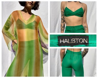 1970's Halston Bra Trousers and Tie Dye Tunic Blouse Set / Kelly Green Silk Chiffon Disco Era Suit Set / Studio 54 High Waist Pants and Bra