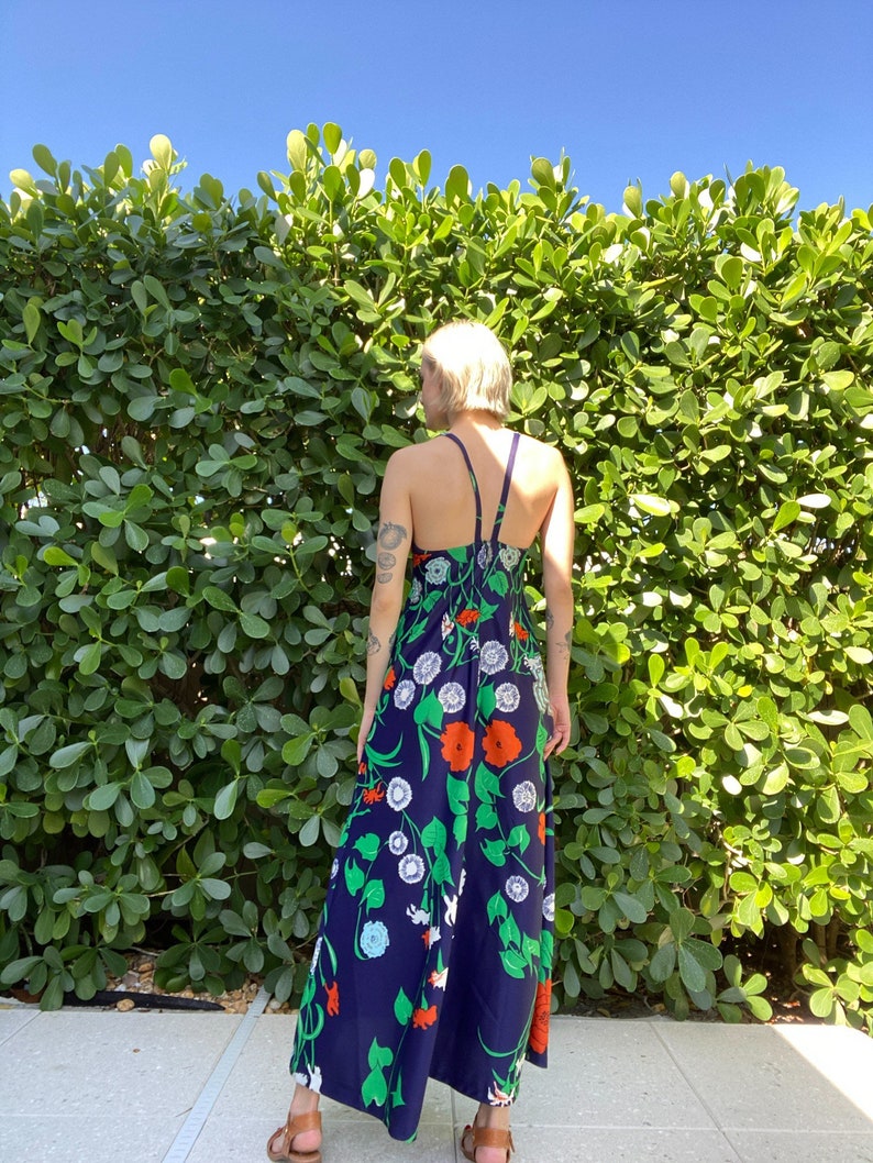 1970s Open Back Sundress / Open Back Halter Dress / Large Floral Print Maxi Dress / Jersey Knit Dress / Wedding Guest Maxi Dress image 3