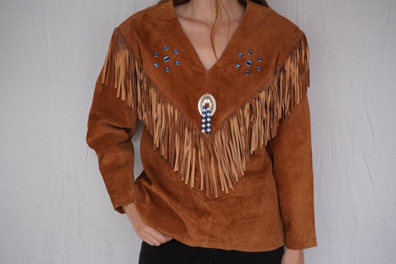 Suede Leather Fringe Shirt / 90's Leather Top / S… - image 5