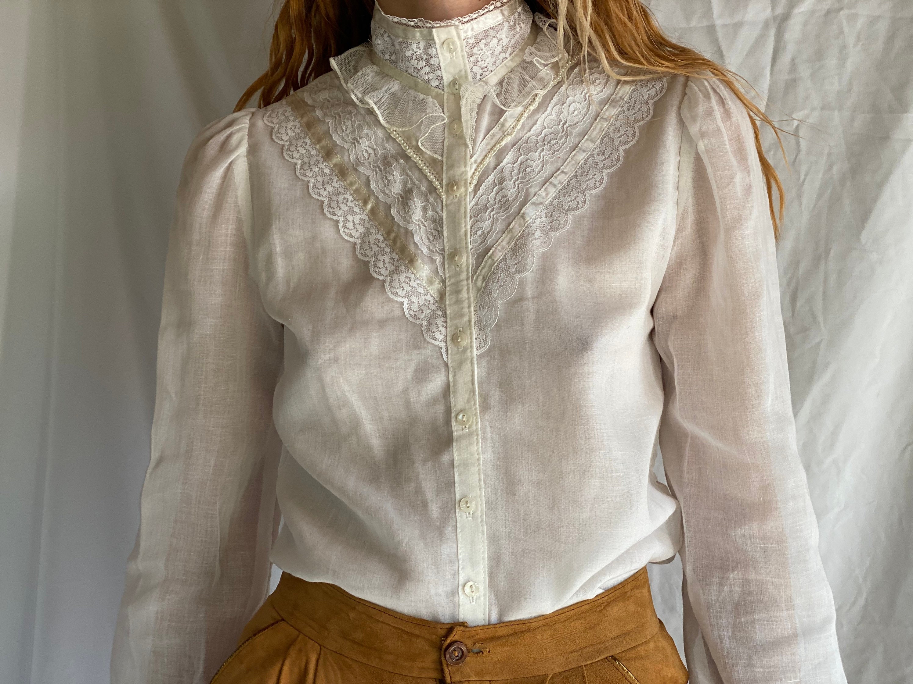 特売 Gunne Sax Blouse / White Cotton Lace Ribbon Shirt / Button シャツ/ブラウス(長袖/七分)