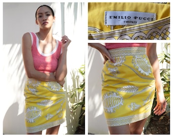 1990's Emilio Pucci Skirt / Cotton Skirt / Yellow Mini Hourglass Skirt / Nineties Designer Womenswear / Resortwear