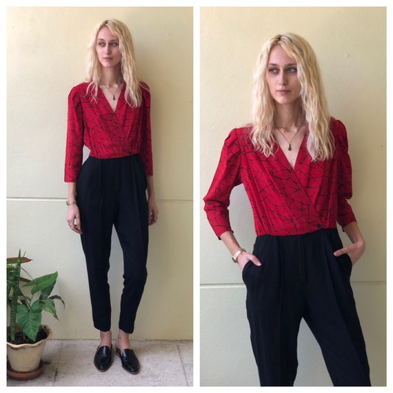 1980s Jumpsuit / Red and Black Printed Onesie / Si