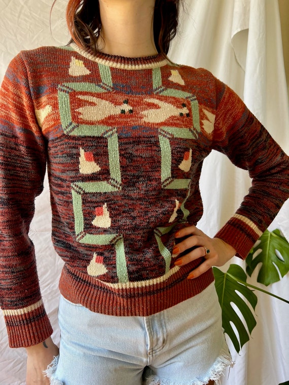 70's Duck Sweater / Acrylic Knit Top / Bird Intar… - image 4