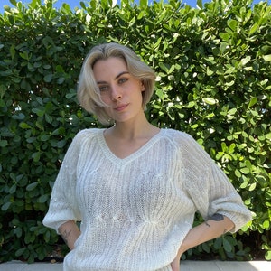 Open Knit Dolman Sleeve Pearl Sweater / White Oversized Breezy Sweater with Pearl Beads image 3