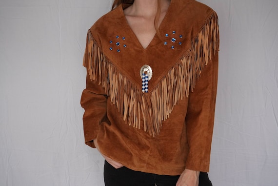 Suede Leather Fringe Shirt / 90's Leather Top / S… - image 3
