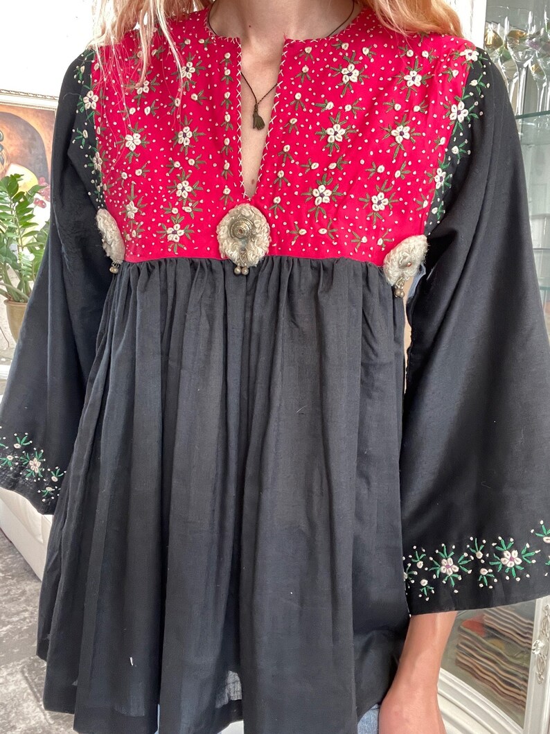 70s Vintage Blouse / Embroidered Colorful Summer Blouse with Metal Bells / Bell Sleeves image 4
