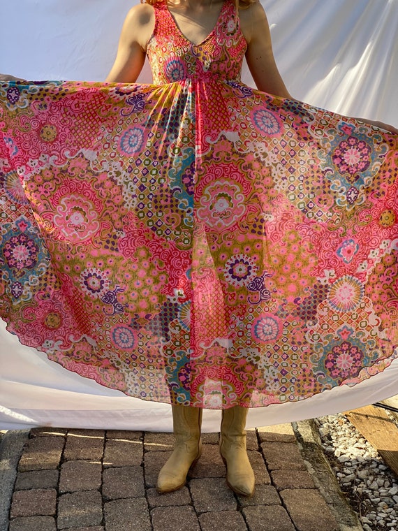 60s Dress with Full Circle Maxi Skirt / Semi Sheer Floral Infinity Skirt Dress / Ruched Bodice Sleevless Dress / Wedding Guest Dress