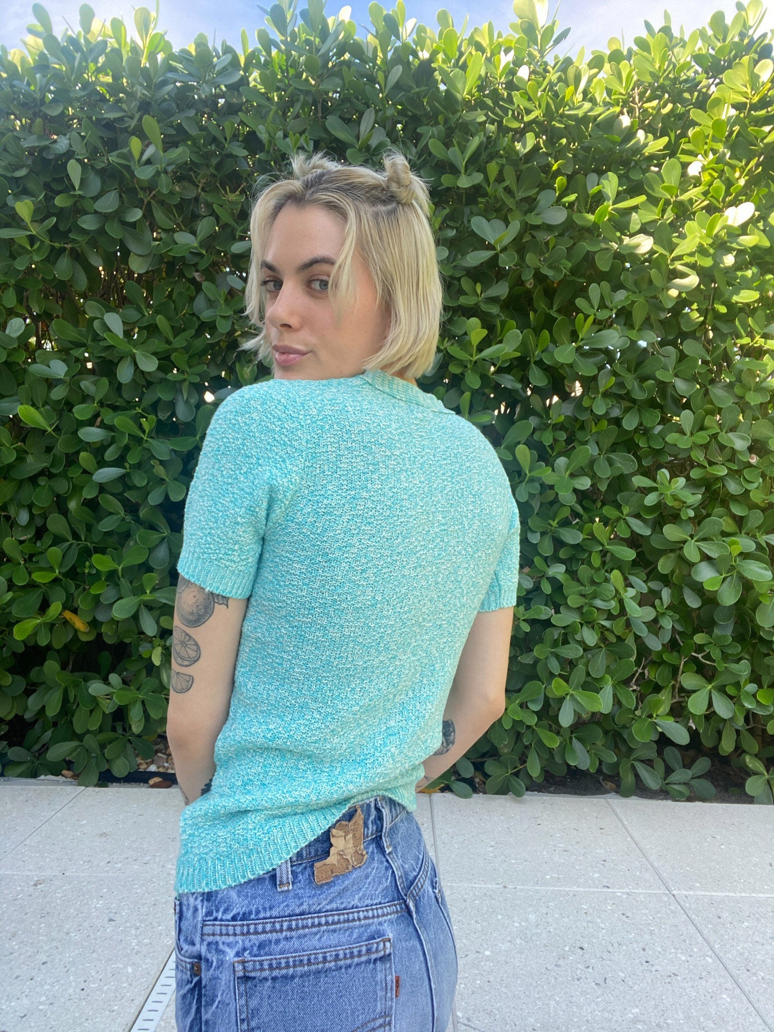 1960's Short Sleeve Sweater / Blue Lace up Tie Neckline With