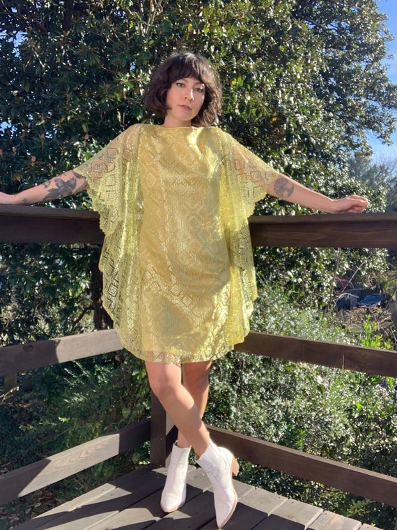1960's Gold Party Dress / Lace Goldfinger Party D… - image 1