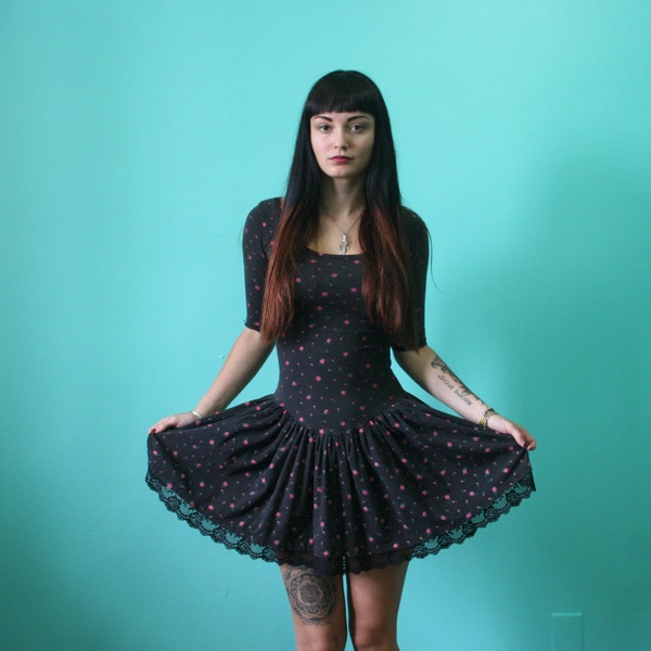 Vintage Betsey Johnson Dress / PUNK LABEL / body con top with a little lace Skirt / Floral on Black / Rare and Collectible