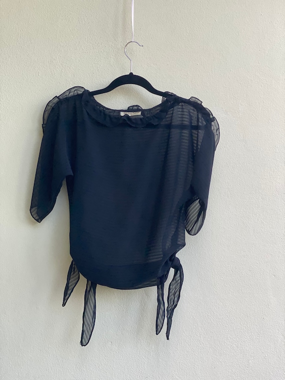 1980's Sheer Blouse / Side Tie Frilly Sleeve See T