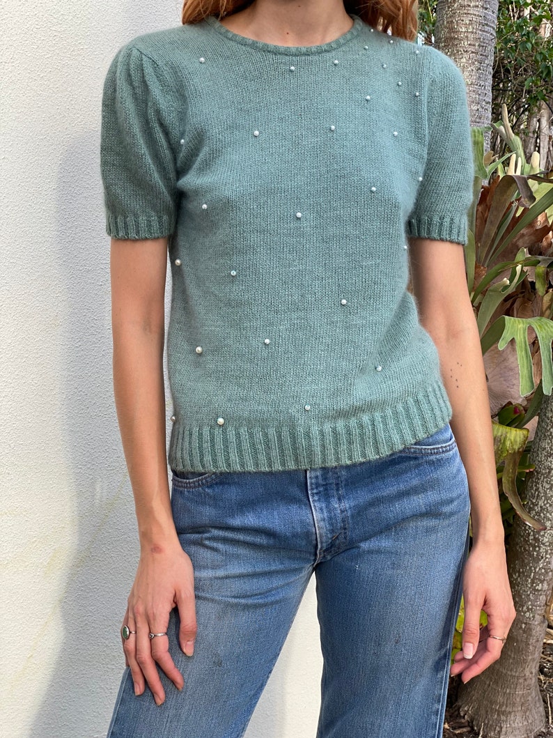 Vintage Pearl Sweater / 80's Beaded Fuzzy Sweater / Slouchy Knit Top / Silk Angora Ramie Knit Top / Secretary Sweater image 2