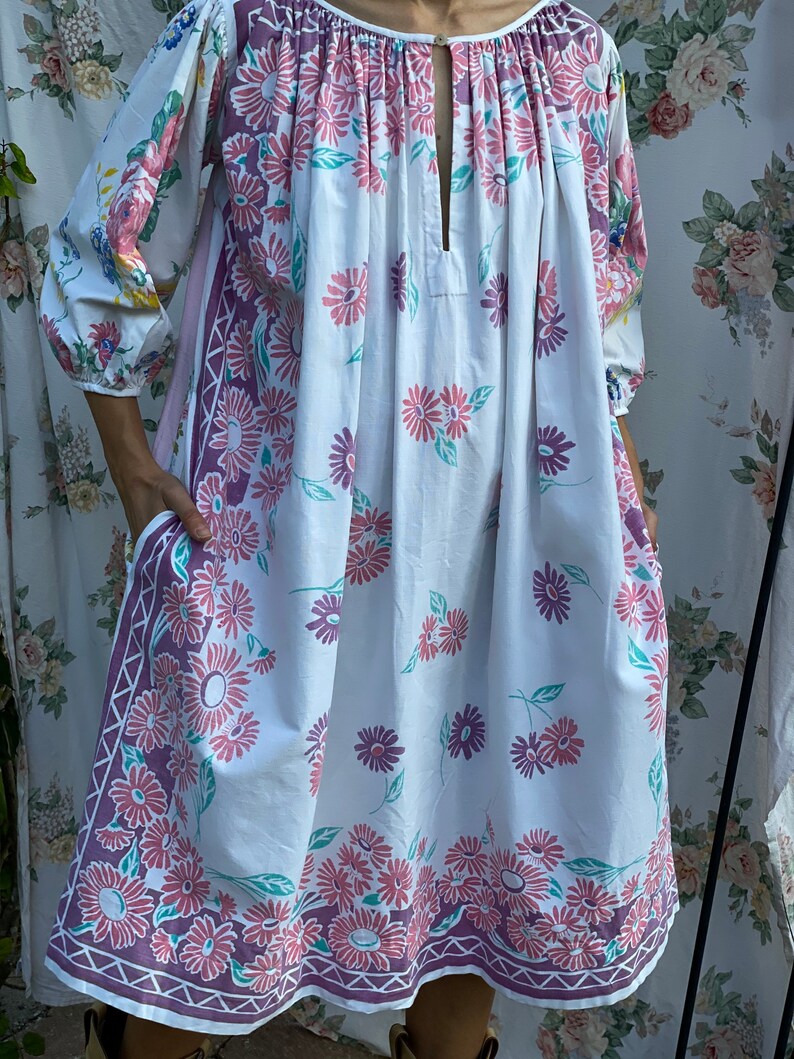 Vintage Novelty Dress / Floral Tablecloth Printed Tunic Balloon Sleeve Dress / Gorgeous Midi Dress / Wedding Guest Dress / Summer Dress image 8