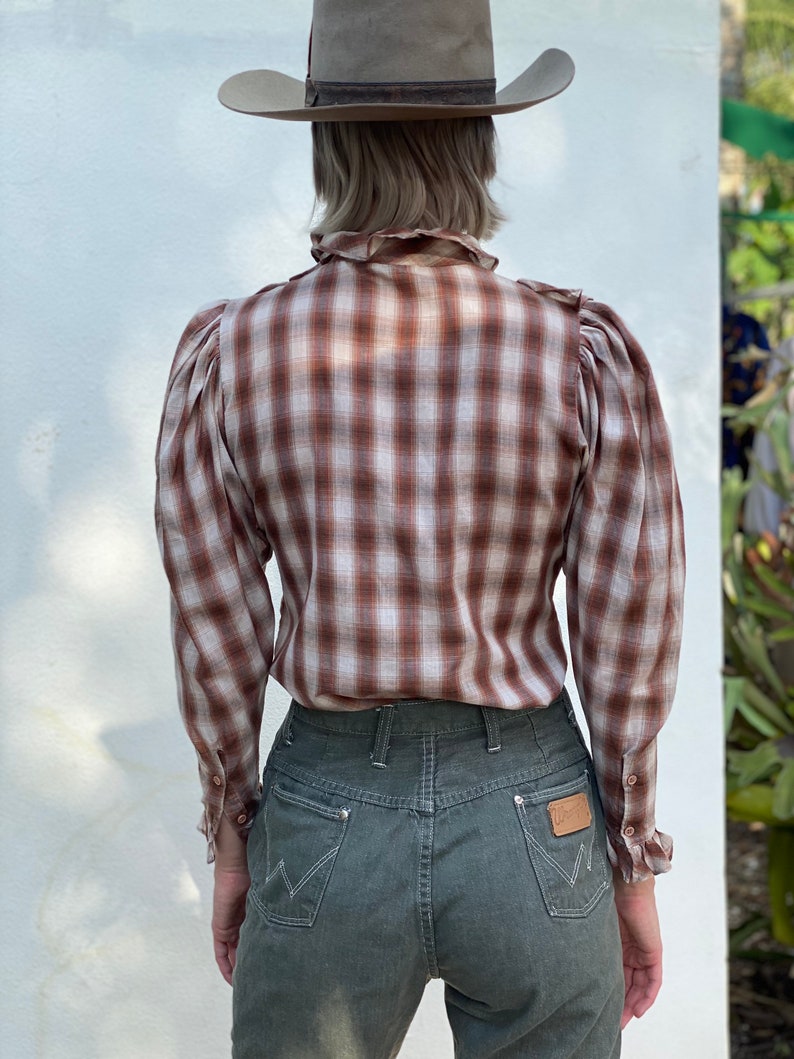 1970's Western Plaid Blouse / Frilly Yoke Western Cotton Shirt / 1970's High Neckline Shirt with Mutton Sleeves image 6