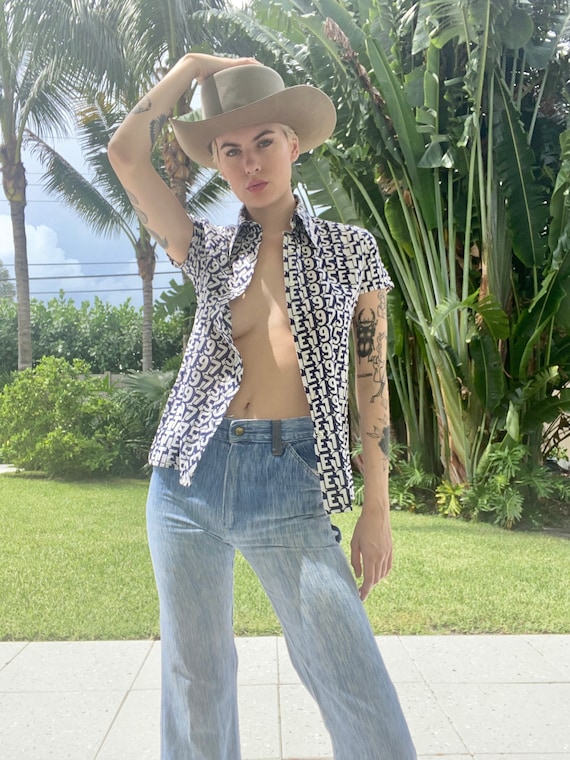 Lanvin Summer 1975 Novelty Printed Cotton Top / Button Front Shirt 