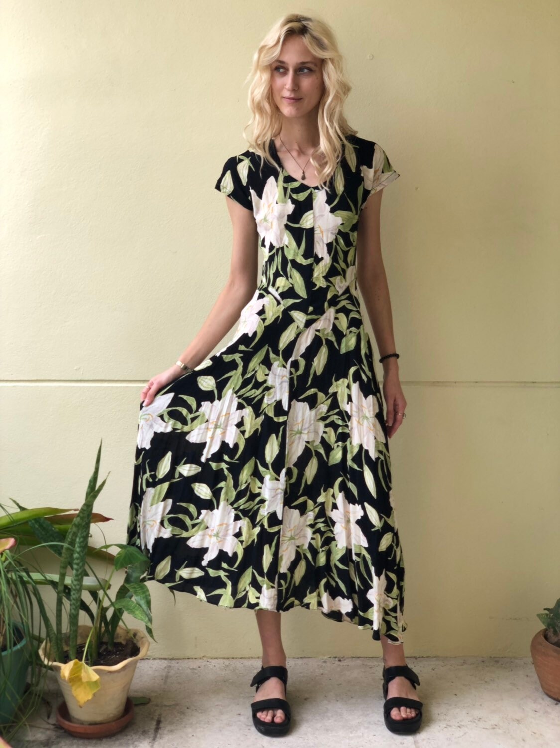 Vintage 90s Rayon Dress / Easy Maxi 