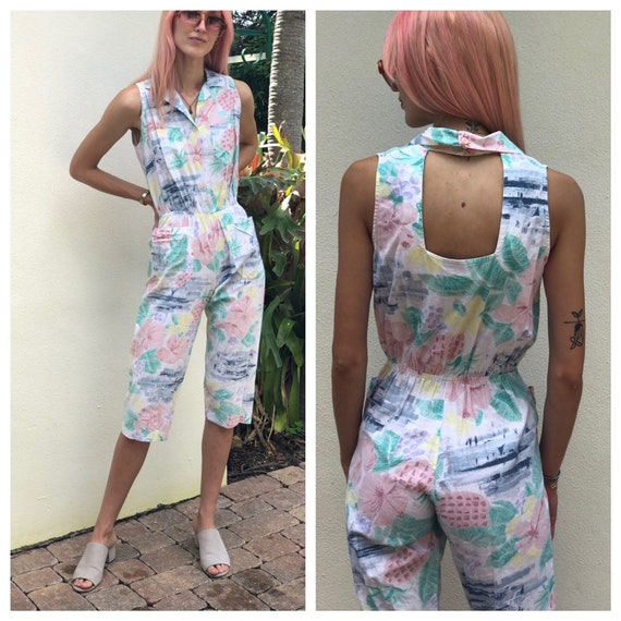 80's Jumpsuit / Open Back Cut Out / White Cotton J