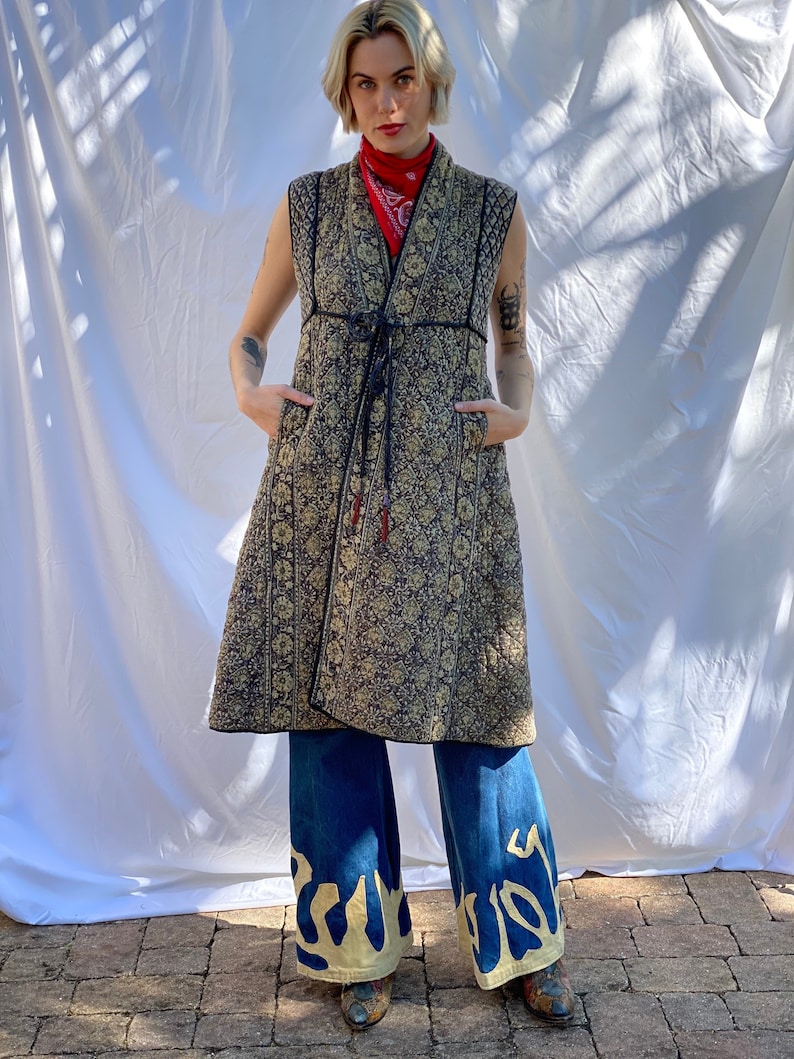 1970's Indian Cotton Waist Coat Dress / 1970s Quilted Sleeveless Quilt Duster Jacket / Seventies Haute Hippie Jacket / Woodstock Jacket image 1