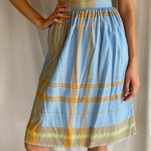 Vintage Cotton Midi Skirt / Plaid Summer Midi Skirt / Blue Orange Beige Yellow Cotton Skirt / 1970's Vintage Skirt image 4