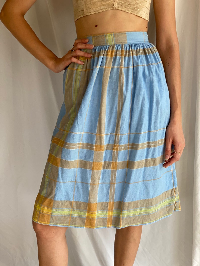 Vintage Cotton Midi Skirt / Plaid Summer Midi Skirt / Blue Orange Beige Yellow Cotton Skirt / 1970's Vintage Skirt image 4