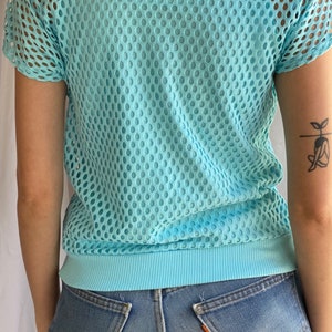 80's Mesh Shirt / Netted Sheer shirt / Mesh Summer Top / See Through Floral Shirt / Beach Cover Up / Aqua Blue Layer Shirt image 3