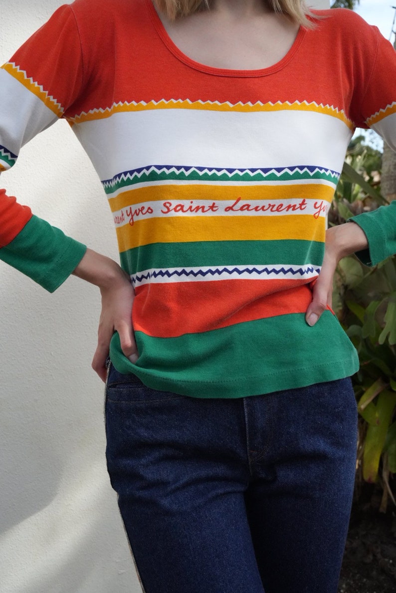 1970's Yves Saint Laurent Long Sleeve Top / Vintage 70's Stripe Jersey Pullover / Orange Green White Yellow Lightweight Shirt / Scoop Neck image 10