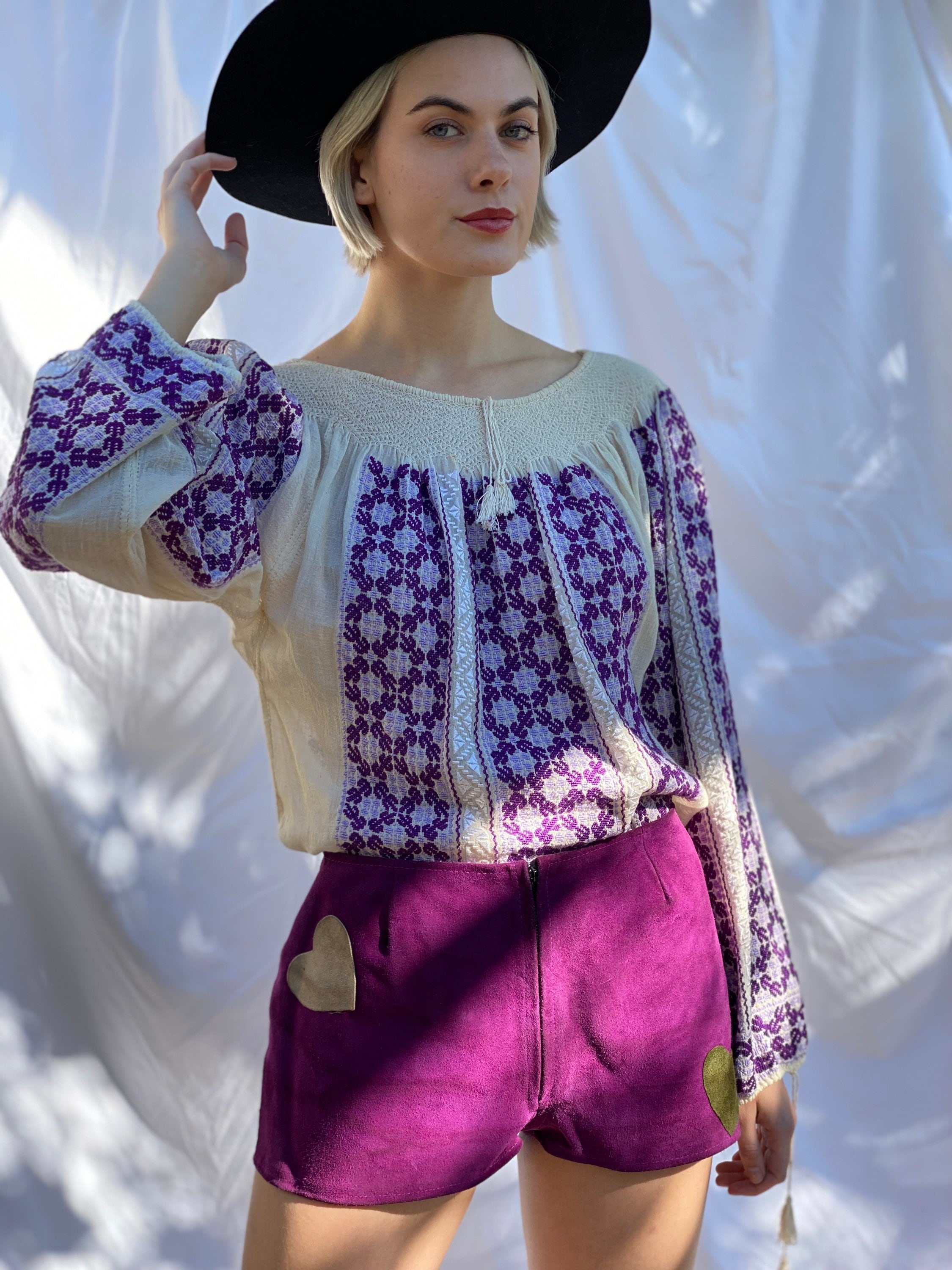 Vintage Peasant Blouse / Purple Embroidery / Semi Sheer Hippie